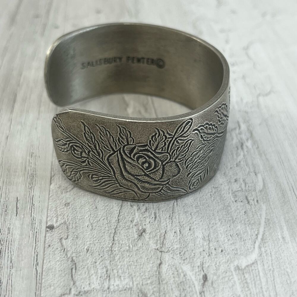 Salisbury Pewter Rose June Flower Of The Month Silver Cuff Bracelet - Picture 2 of 7